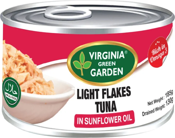 Virginia Green Garden Light Tuna Flakes in Sunflower Oil (Easy Open), 48 × 185 g