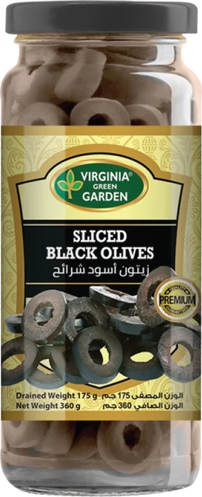 Virginia Green Garden Sliced Black Olives - Glass Jar, 12 × 340 g