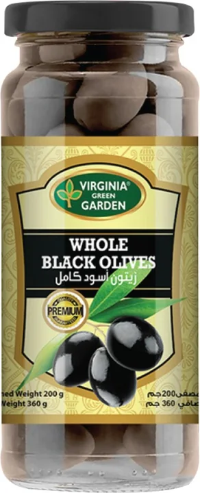Virginia Green Garden Whole Black Olives - Glass Jar, 12 × 360 g