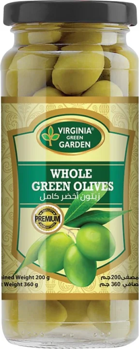 Virginia Green Garden Whole Green Olives - Glass Jar, 12 × 360 g